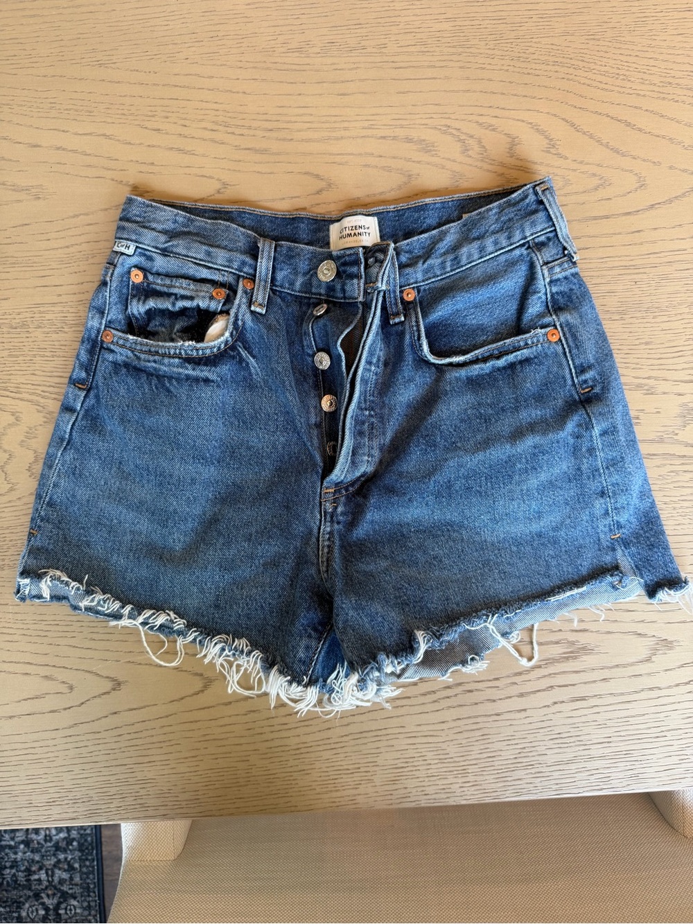 Citizens Of Humanity Dark Blue Frayed Hem Denim Shorts